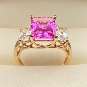 Leer Gems 10k Gold lab created Pink & White sapphire 3 stone ring sz 6.25 3.16gm